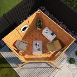 Waltons 8 X 8 Wooden Shiplap Tongue And Groove Premier Corner Summerhouse Garden Room -NAOMI Plant Shop SI 003 001 0038 8x8 Premium Corner Summerhouse Aerial W1b